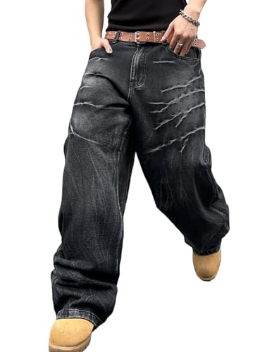 Herren Baggy Jeans Y2K Vintage Wide Leg Denim Pants Hip Hop Extra Loose Skater Jeans Streetwear, Y10 Striped Black, XXL von QGRSWBC