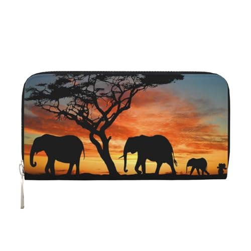 QGWDYYJQ Afrikanischer Elefant bedrucktes echtes Leder Handgeldbörse tragbare Geldbörse mit Reißverschluss, Schwarz , Einheitsgröße von QGWDYYJQ