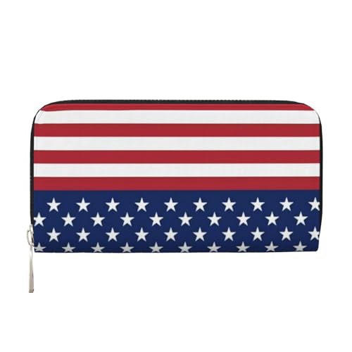 QGWDYYJQ Amerikanische Flagge Sterne Streifen Gedruckt Echtes Leder Handbrieftasche Tragbare Reißverschluss Geldbörse, Schwarz , Einheitsgröße von QGWDYYJQ