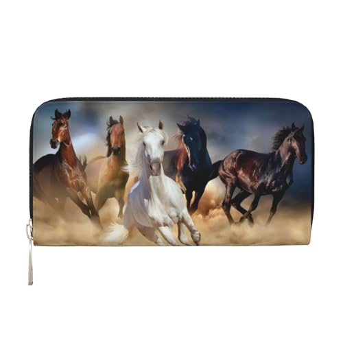 QGWDYYJQ Animal Running Horse Printed Genuine Leather Hand Wallet Portable Zip Wallet, Schwarz , Einheitsgröße von QGWDYYJQ