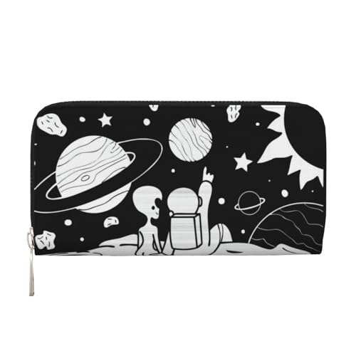QGWDYYJQ Astronaut und Alien bedruckte Geldbörse aus echtem Leder, tragbare Geldbörse mit Reißverschluss, Schwarz , Einheitsgröße von QGWDYYJQ