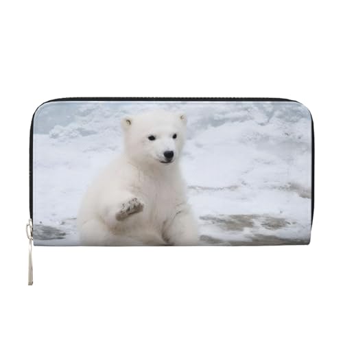 QGWDYYJQ Baby Eisbär gedruckt Echtleder Handbrieftasche tragbar Reißverschluss Geldbörse, Schwarz , Einheitsgröße von QGWDYYJQ