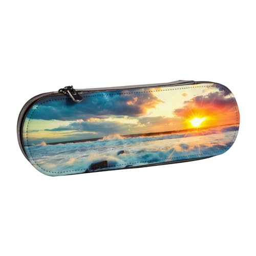 QGWDYYJQ Bedrucktes Leder-Federmäppchen, Schreibwaren-Organizer, tragbares Federmäppchen, Motiv: Sonnenuntergang am Strand von QGWDYYJQ