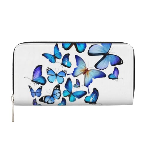 QGWDYYJQ Blauer Schmetterling bedruckter Echtleder Handbrieftasche tragbare Geldbörse mit Reißverschluss, Schwarz , Einheitsgröße von QGWDYYJQ