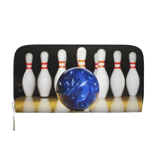 QGWDYYJQ Bowling bedruckte Geldbörse aus echtem Leder, tragbare Geldbörse mit Reißverschluss, Schwarz , Einheitsgröße von QGWDYYJQ