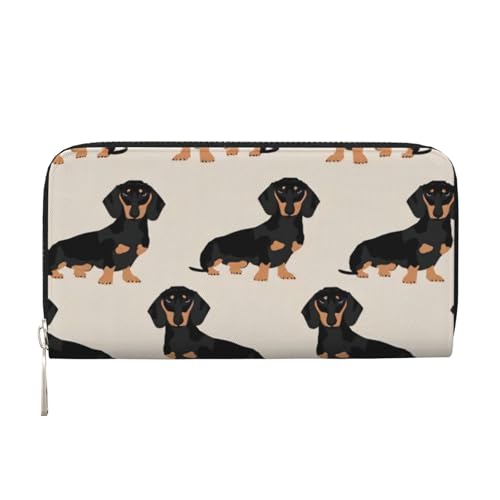 QGWDYYJQ Dackel Hund gedruckt Echtleder Handbrieftasche tragbare Geldbörse mit Reißverschluss, Schwarz , Einheitsgröße von QGWDYYJQ
