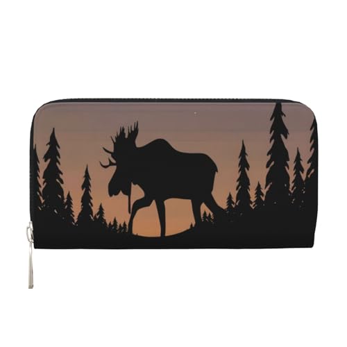 QGWDYYJQ Elch Mountain Pine Tree Wilderness Printed Echtes Leder Hand Wallet Portable Zip Wallet, Schwarz , Einheitsgröße von QGWDYYJQ