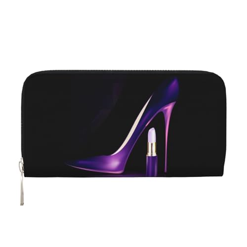 QGWDYYJQ Elegante violette High Heels mit Lippenstift bedrucktes Echtleder Handgeldbörse tragbare Geldbörse mit Reißverschluss, Schwarz , Einheitsgröße von QGWDYYJQ