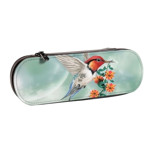 QGWDYYJQ Federmäppchen, Motiv: Kolibri fliegt mit Blumenzweig, bedrucktes Leder-Federmäppchen, Schreibwaren-Organizer, tragbares Federmäppchen von QGWDYYJQ