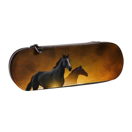 QGWDYYJQ Federmäppchen, Motiv: Laufende schwarze Pferde, bedrucktes Leder, Schreibwaren-Organizer, tragbares Federmäppchen von QGWDYYJQ