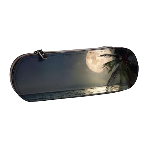 QGWDYYJQ Federmäppchen, Motiv: tropische Strandpalme mit Vollmond und Sternennacht, bedrucktes Leder-Federmäppchen, Schreibwaren-Organizer, tragbares Federmäppchen von QGWDYYJQ