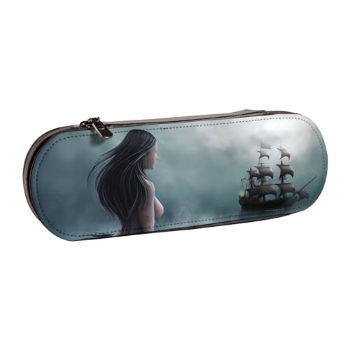 QGWDYYJQ Federmäppchen aus Leder, Motiv: Meerjungfrau und Segeln auf See, Piratenschiff, Schreibwaren-Organizer, tragbares Federmäppchen von QGWDYYJQ
