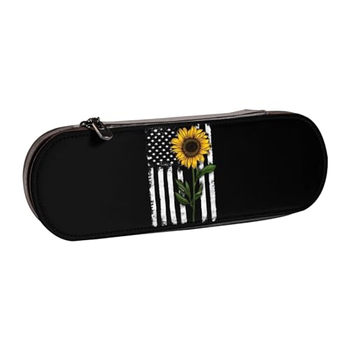 QGWDYYJQ Federmäppchen aus Leder, Motiv: Sonnenblume und amerikanische Flagge, Schreibwaren-Organizer, tragbares Federmäppchen von QGWDYYJQ