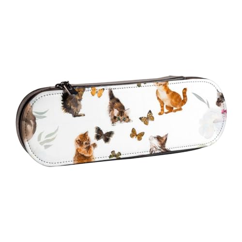 QGWDYYJQ Federmäppchen aus Leder mit niedlichem Kätzchen-Schmetterlings-Motiv, Schreibwaren-Organizer, tragbares Federmäppchen von QGWDYYJQ