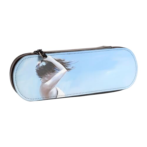 QGWDYYJQ Federmäppchen mit Aufdruck "Girl On A Windy Beach" aus Leder, Schreibwaren-Organizer, tragbares Federmäppchen von QGWDYYJQ