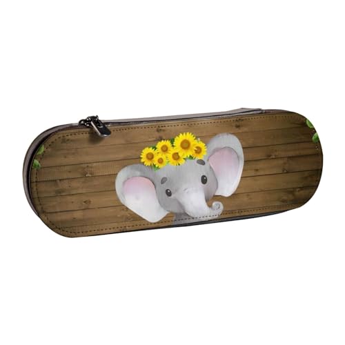 QGWDYYJQ Federmäppchen mit Sonnenblumen-Elefant, Holzboden, bedrucktes Leder, Schreibwaren-Organizer, tragbares Federmäppchen von QGWDYYJQ