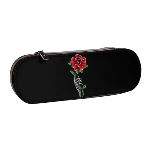 QGWDYYJQ Federmäppchen mit Totenkopf-Rosen-Motiv, Leder, Schreibwaren-Organizer, tragbares Federmäppchen von QGWDYYJQ