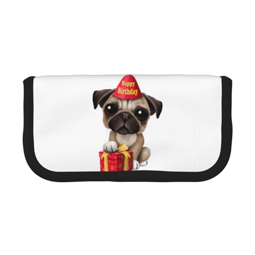 QGWDYYJQ Federmäppchen mit niedlichem Aufdruck "Happy Birthday", Mops-Welpe, aus Segeltuch, Schreibwarenetui, tragbarer Organizer, Schwarz , Einheitsgröße, Münzfach von QGWDYYJQ