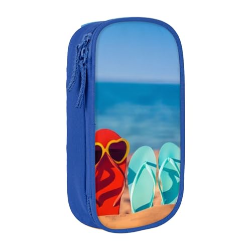QGWDYYJQ Flip-Flops auf einem Sandstrand bedruckte große Kapazität Doppellagiges Federmäppchen Schreibwarenetui Tragbarer Organizer, blau, Einheitsgröße, Münzfach von QGWDYYJQ