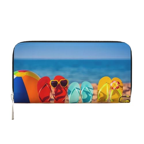 QGWDYYJQ Flip-Flops on a Sandy Beach Printed Genuine Leather Hand Wallet Portable Zip Wallet, Schwarz , Einheitsgröße von QGWDYYJQ