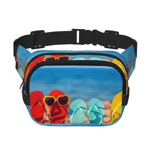 QGWDYYJQ Flip-Flops on a Sandy Beach bedruckte quadratische doppellagige Hüfttasche Hüfttasche Reisetasche, Schwarz , Einheitsgröße von QGWDYYJQ