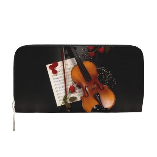 QGWDYYJQ Geige Noten gedruckt Echtleder Handbrieftasche tragbar Reißverschluss Geldbörse, Schwarz , Einheitsgröße von QGWDYYJQ