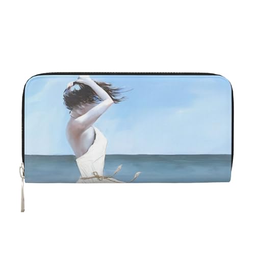 QGWDYYJQ Girl On A Windy Beach bedruckte Geldbörse aus echtem Leder, tragbare Geldbörse mit Reißverschluss, Schwarz , Einheitsgröße von QGWDYYJQ