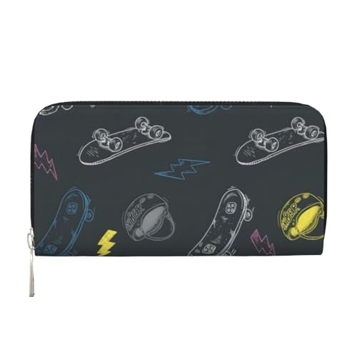 QGWDYYJQ Graffiti Skateboard Bedruckte Echtes Leder Handbrieftasche Tragbare Reißverschluss Geldbörse, Schwarz , Einheitsgröße von QGWDYYJQ