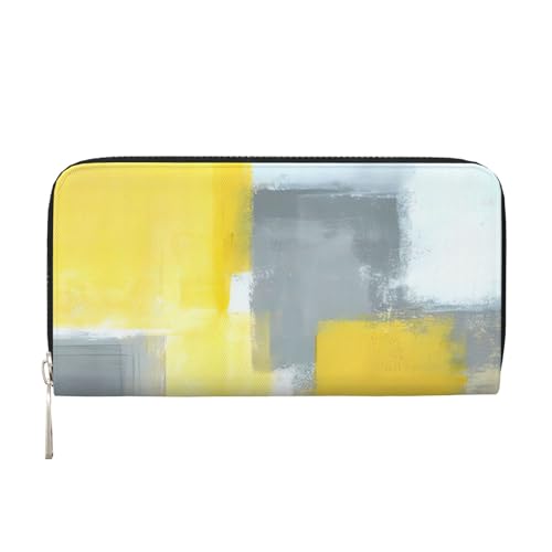 QGWDYYJQ Graue und gelbe abstrakte Kunstmalerei gedruckt echtes Leder Handtasche tragbare Geldbörse mit Reißverschluss, Schwarz , Einheitsgröße von QGWDYYJQ