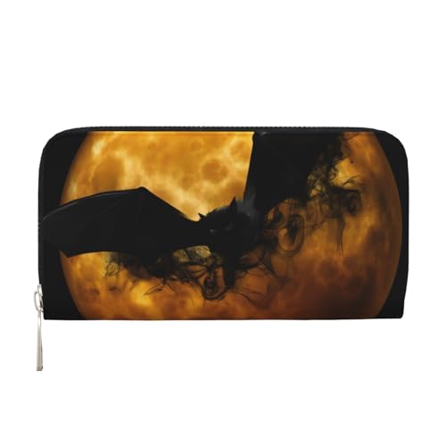 QGWDYYJQ Halloween Fledermaus bedruckter Echtleder-Handbrieftasche tragbare Geldbörse mit Reißverschluss, Schwarz , Einheitsgröße von QGWDYYJQ