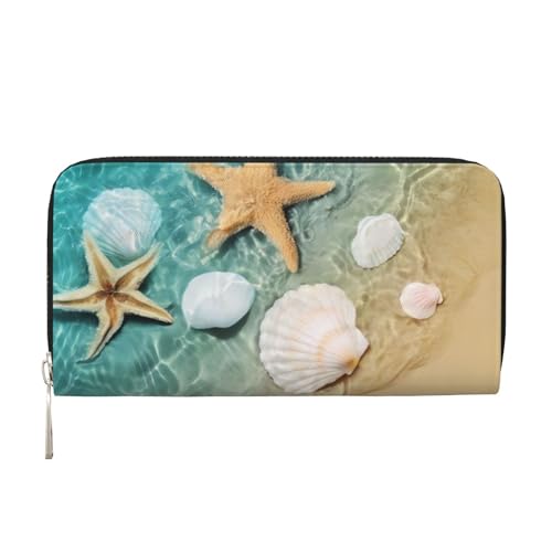 QGWDYYJQ Handbrieftasche mit Seestern und Muschelmuster, bedruckt, echtes Leder, tragbare Geldbörse mit Reißverschluss, Schwarz , Einheitsgröße von QGWDYYJQ