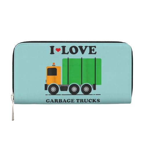 QGWDYYJQ I Love Garbage Trucks bedruckte Geldbörse aus echtem Leder, tragbare Geldbörse mit Reißverschluss, Schwarz , Einheitsgröße von QGWDYYJQ