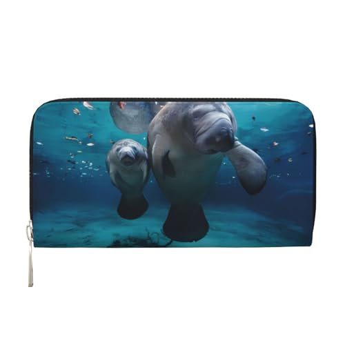 QGWDYYJQ Indian Manatees Printed Genuine Leather Hand Wallet Portable Zip Wallet, Schwarz , Einheitsgröße von QGWDYYJQ