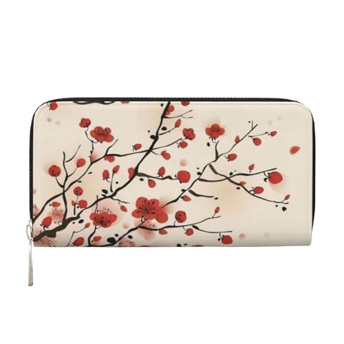 QGWDYYJQ Japanische Frühlings-Geldbörse mit Blumendruck, echtes Leder, tragbare Geldbörse mit Reißverschluss, Schwarz , Einheitsgröße von QGWDYYJQ