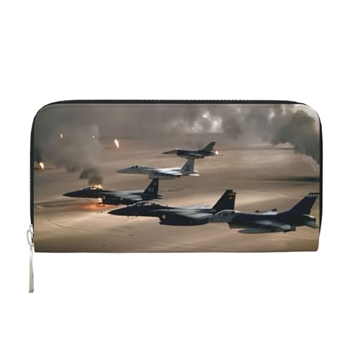 QGWDYYJQ Jet Fighter bedruckte Geldbörse aus echtem Leder, tragbare Geldbörse mit Reißverschluss, Schwarz , Einheitsgröße von QGWDYYJQ