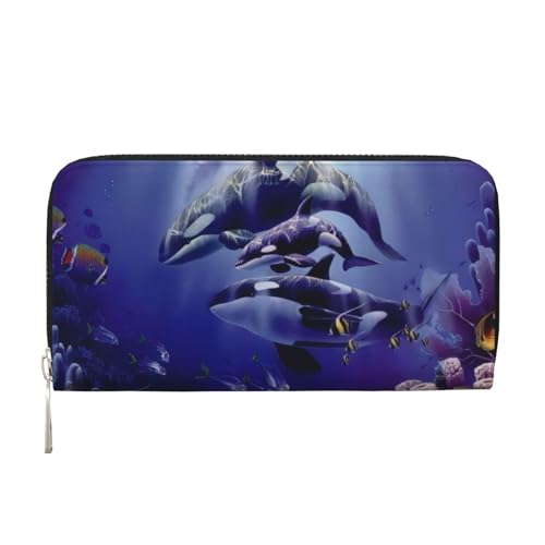 QGWDYYJQ Killer Whales Printed Genuine Leather Hand Wallet Portable Zip Wallet, Schwarz , Einheitsgröße von QGWDYYJQ