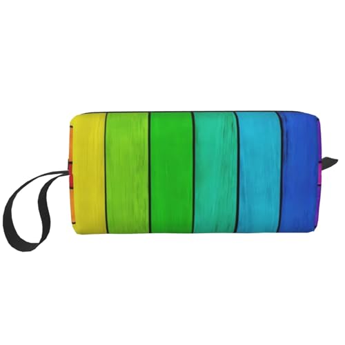 QGWDYYJQ Kleine Make-up-Tasche mit Holzhintergrund in Regenbogenfarben, mit aufgedrucktem Hintergrund, Aufbewahrungstasche von QGWDYYJQ