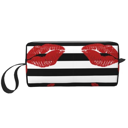 QGWDYYJQ Kleine Make-up-Tasche mit schwarzen und weißen Streifen und Lippen, bedruckt von QGWDYYJQ
