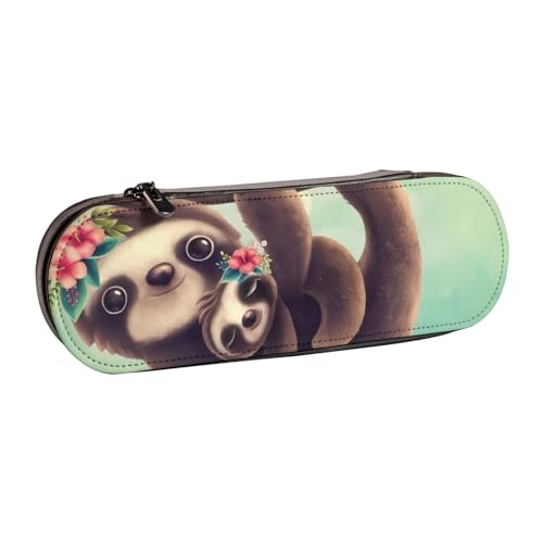 QGWDYYJQ Lazy Cute Sloth Hanging The Branches Printed Leather Pencil Case Stationery Organizer Portable Pencil Bag von QGWDYYJQ