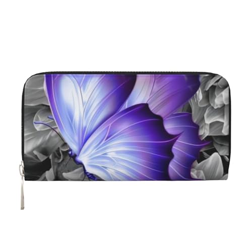 QGWDYYJQ Lila Schmetterling gedruckt Echtleder Handbrieftasche tragbar Reißverschluss Geldbörse, Schwarz , Einheitsgröße von QGWDYYJQ