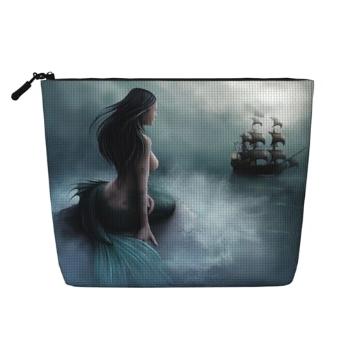 QGWDYYJQ Make-up-Tasche mit Meerjungfrau-Mädchen und Segeln auf See, Piratenschiff, bedruckt, künstlicher Hanf, tägliche Aufbewahrungstasche, Reise-Kulturbeutel, Schwarz , Einheitsgröße von QGWDYYJQ