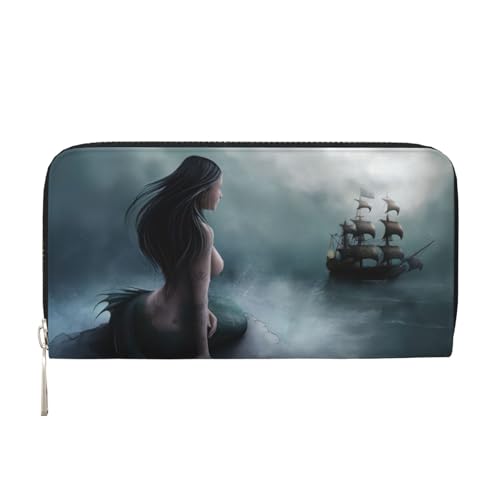 QGWDYYJQ Meerjungfrau Mädchen und Segeln auf Meer Piratenschiff gedruckt Echtleder Handbrieftasche Tragbare Reißverschluss Geldbörse, Schwarz , Einheitsgröße von QGWDYYJQ