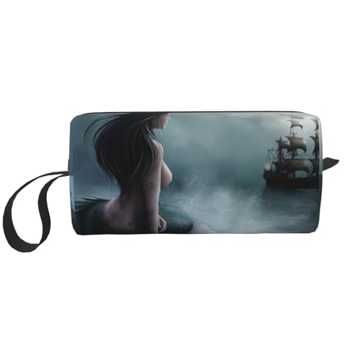QGWDYYJQ Meerjungfrau-Mädchen und Segeln auf See, Piratenschiff, bedruckt, kleine Make-up-Tasche, tragbare Aufbewahrungstasche von QGWDYYJQ