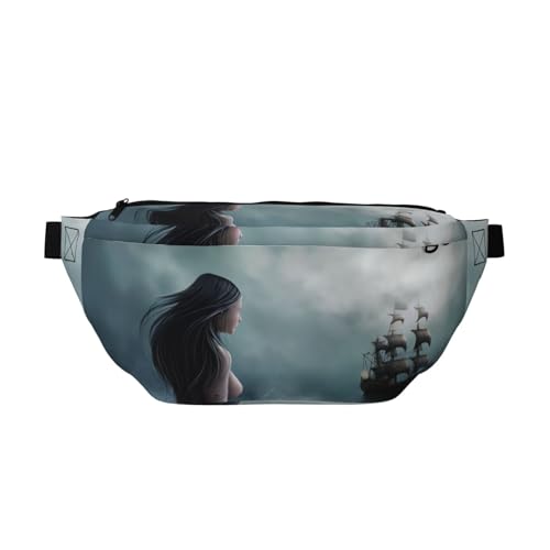 QGWDYYJQ Meerjungfrau Mädchen und Segeln auf See, Piratenschiff, bedruckte Umhängetasche, Hüfttasche, Reisetasche, Schwarz , Einheitsgröße von QGWDYYJQ