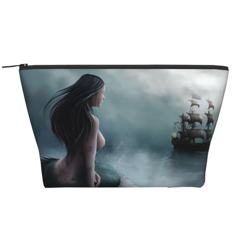 QGWDYYJQ Meerjungfrau-Mädchen und Segeln auf See, Piratenschiff, bedruckte tägliche Aufbewahrungstasche, Make-up-Tasche, Reise-Kulturbeutel, Schwarz , Einheitsgröße von QGWDYYJQ