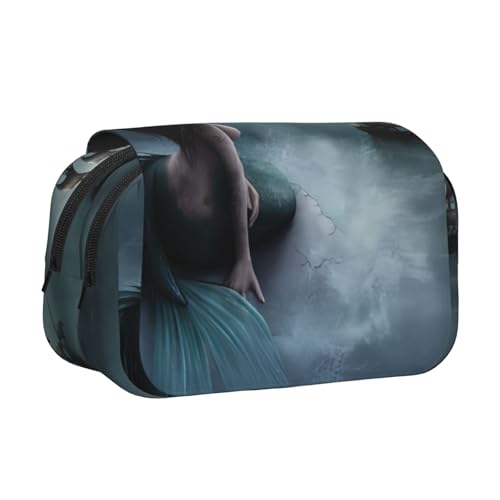 QGWDYYJQ Meerjungfrau Mädchen und Segeln auf See, Piratenschiff, bedrucktes doppeltes Klapp-Federmäppchen, Schreibwarenetui, tragbarer Organizer, Schwarz , Einheitsgröße, Münztasche von QGWDYYJQ