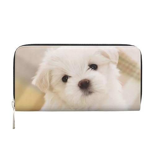 QGWDYYJQ Niedliche Malteserwelpe bedruckte Geldbörse aus echtem Leder, tragbare Geldbörse mit Reißverschluss, Schwarz , Einheitsgröße von QGWDYYJQ