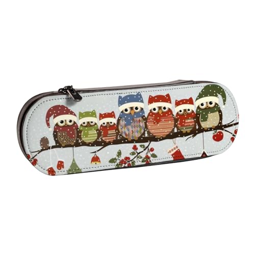 QGWDYYJQ Niedliche Weihnachts-Eulen auf Ast, bedrucktes Leder-Federmäppchen, Schreibwaren-Organizer, tragbares Federmäppchen von QGWDYYJQ
