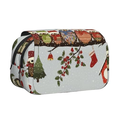 QGWDYYJQ Niedliche Weihnachts-Eulen auf Ast bedrucktes doppeltes Klapp-Federmäppchen, Schreibwarenetui, tragbarer Organizer, Schwarz , Einheitsgröße, Münztasche von QGWDYYJQ