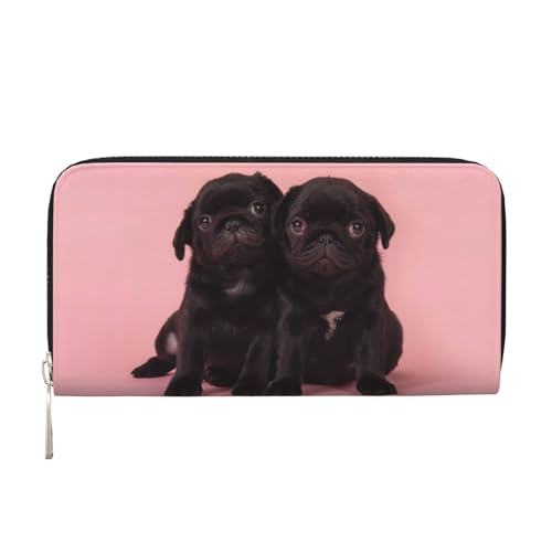 QGWDYYJQ Niedliche schwarze Geldbörse mit Mops-Aufdruck, echtes Leder, tragbare Geldbörse mit Reißverschluss, Schwarz , Einheitsgröße von QGWDYYJQ